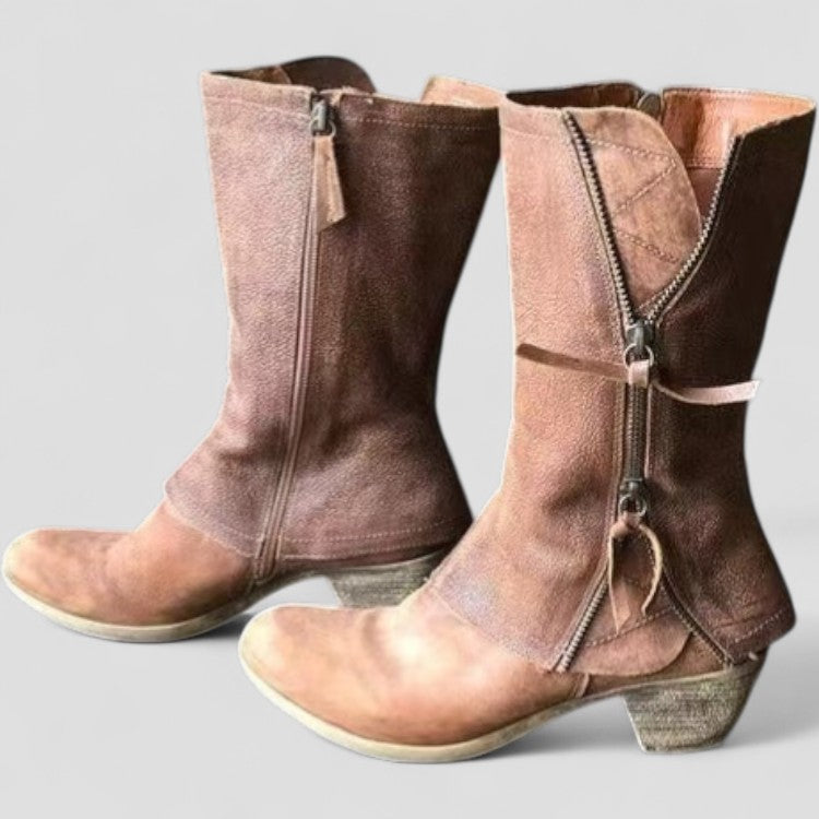 Women's Mid Calf Boots Leather Zipper Brown