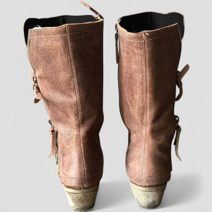 Women's Mid Calf Boots Leather Zipper Brown