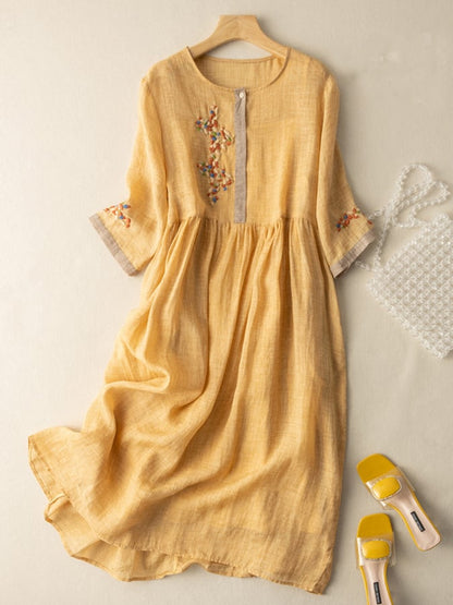 Women's Embroidered Midi Dress Cotton Half Sleeves Contrast Trim - VibreMode