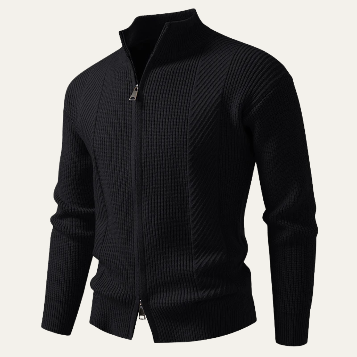 Men's Ribbed Knit Sweater Zip Up Casual Beige