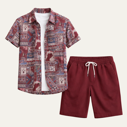 Men's Vintage Print Shirt And Shorts Set - VibreMode