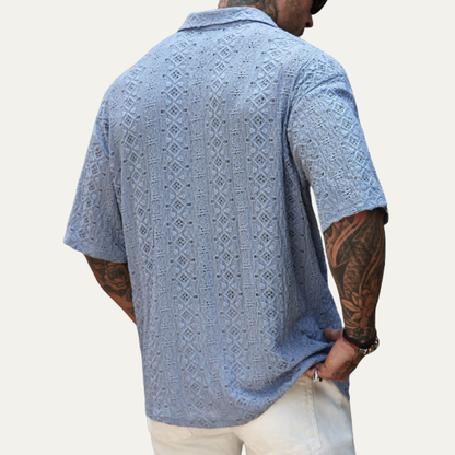 Men's Crochet Knit Polo Shirt Short Sleeve Light Blue