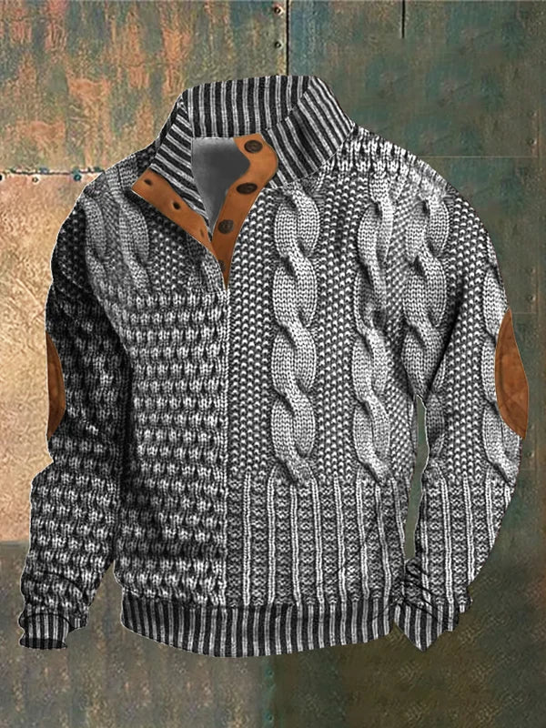 Men's Cable Knit Sweater Button Neck