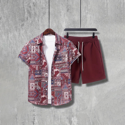 Men's Vintage Print Shirt And Shorts Set