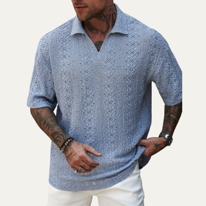 Men's Crochet Knit Polo Shirt Short Sleeve Light Blue