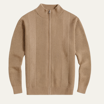 Men's Ribbed Knit Sweater Zip Up Casual Beige - VibreMode