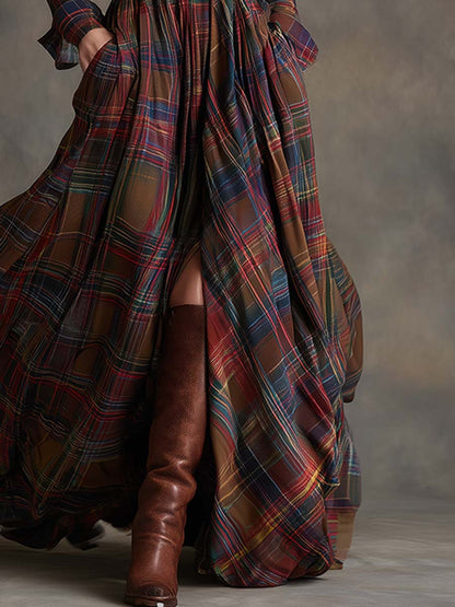 Ladies Classic Checked Long Sleeve Maxi Dress