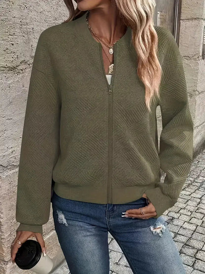 Women's Zip-Up Cardigan Ribbed Hem Long Sleeves