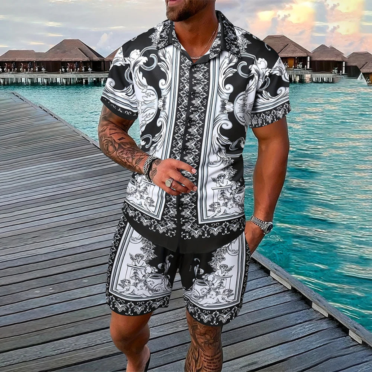 Men's Vintage Print Shirt And Shorts Set