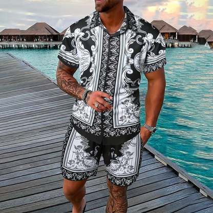 Men's Vintage Print Shirt And Shorts Set