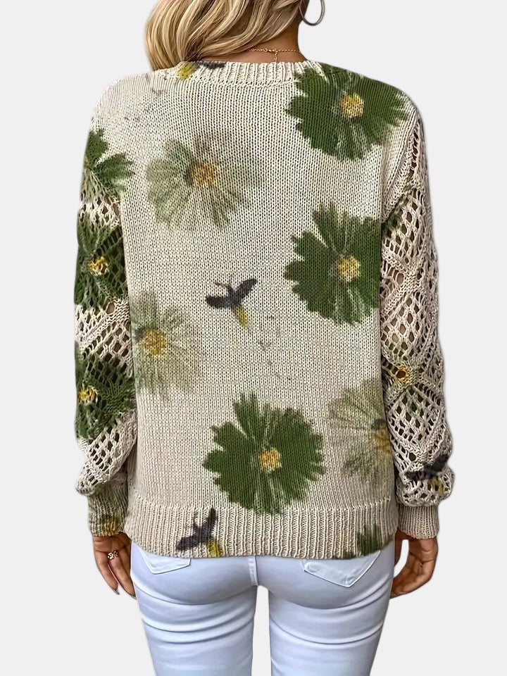 Women's V-Neck Sweater Floral Knit Pattern
