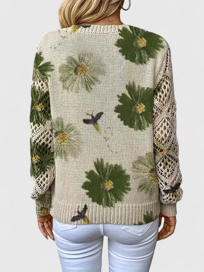 Women's V-Neck Crochet Sweater Floral