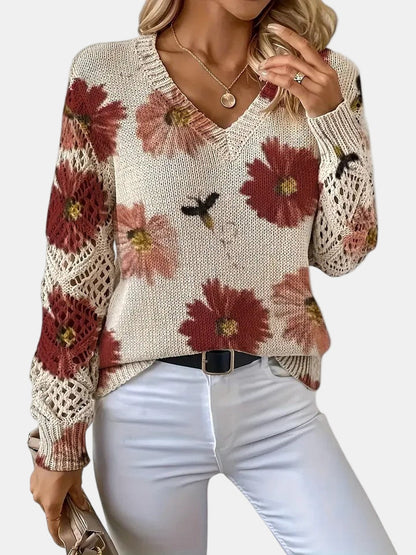 Women's V-Neck Sweater Floral Knit Pattern
