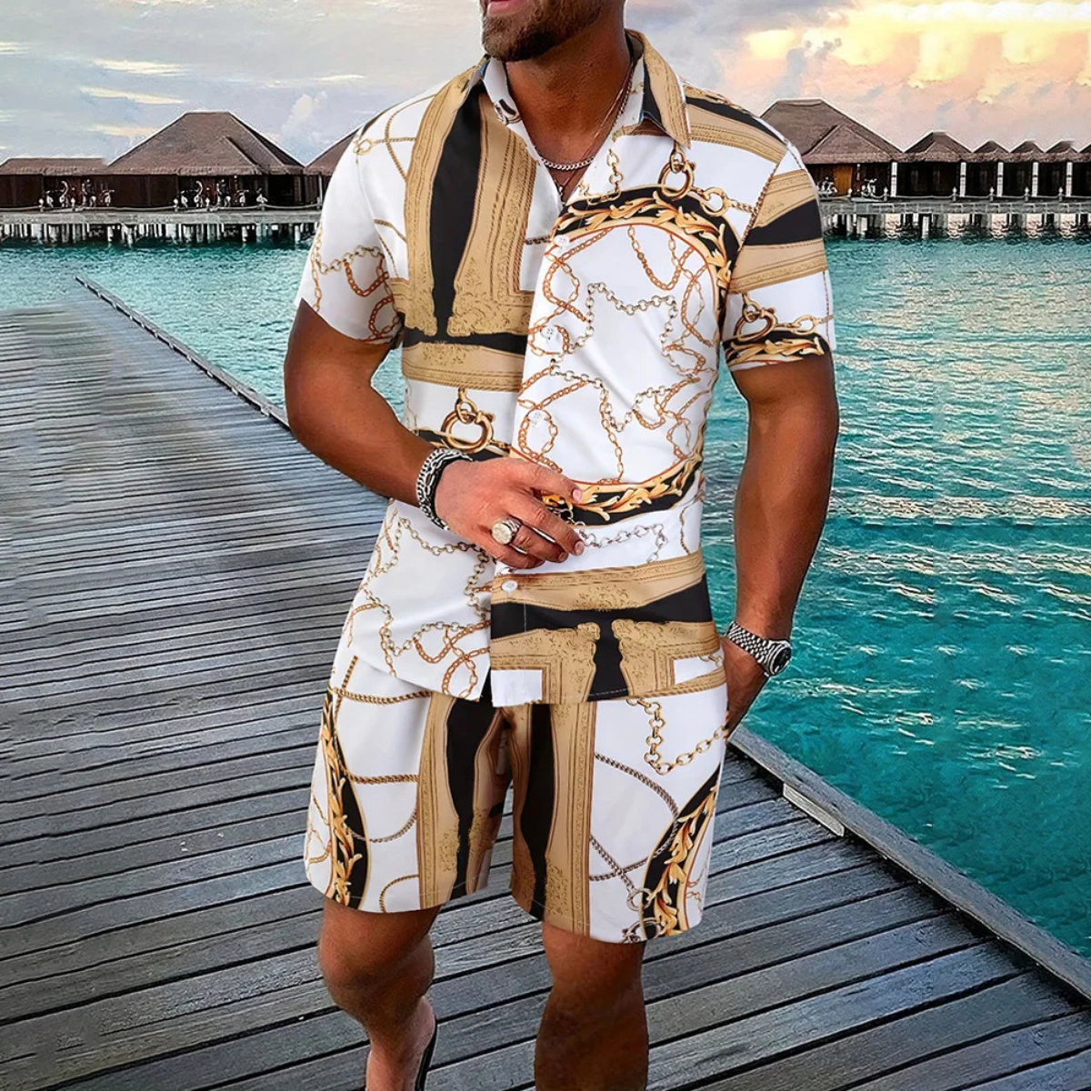 Men's Vintage Print Shirt And Shorts Set