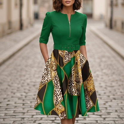 Zip Front Belted Dress Midi Printed Women