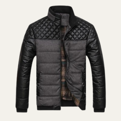 Men's Quilted Leather Jacket Stand Collar
