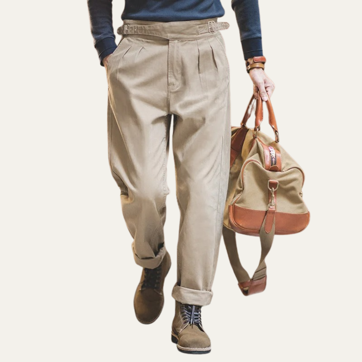 Men's High Waisted Cargo Pants Vintage Style Cotton Beige