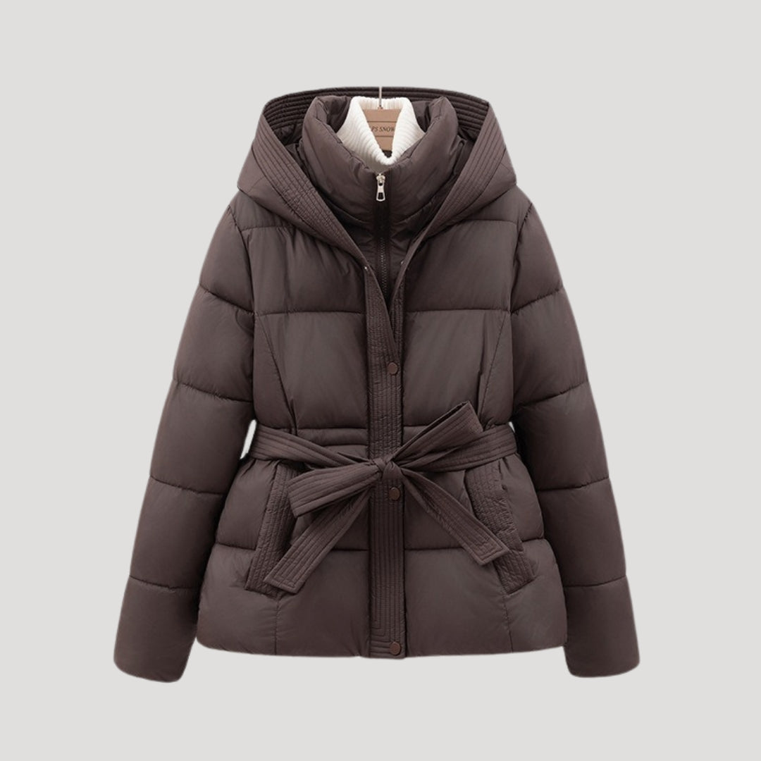 Women's Puffer Jacket Hooded Adjustable Belt - VibreMode
