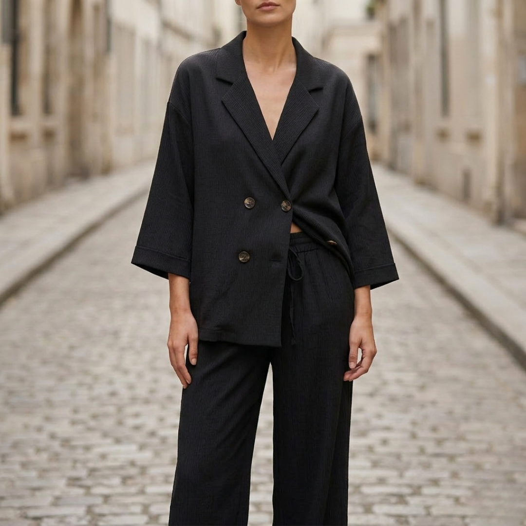 Women’s Ribbed Blazer Set Double Breasted Relaxed Fit Two Piece Suit