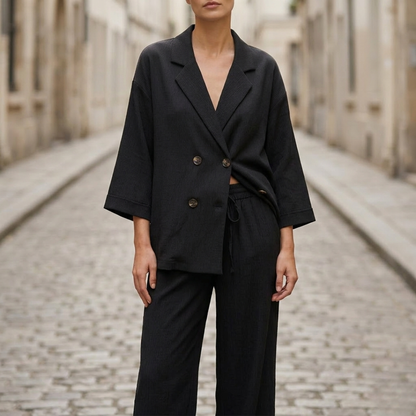 Women’s Ribbed Blazer Set Double Breasted Relaxed Fit Two Piece Suit