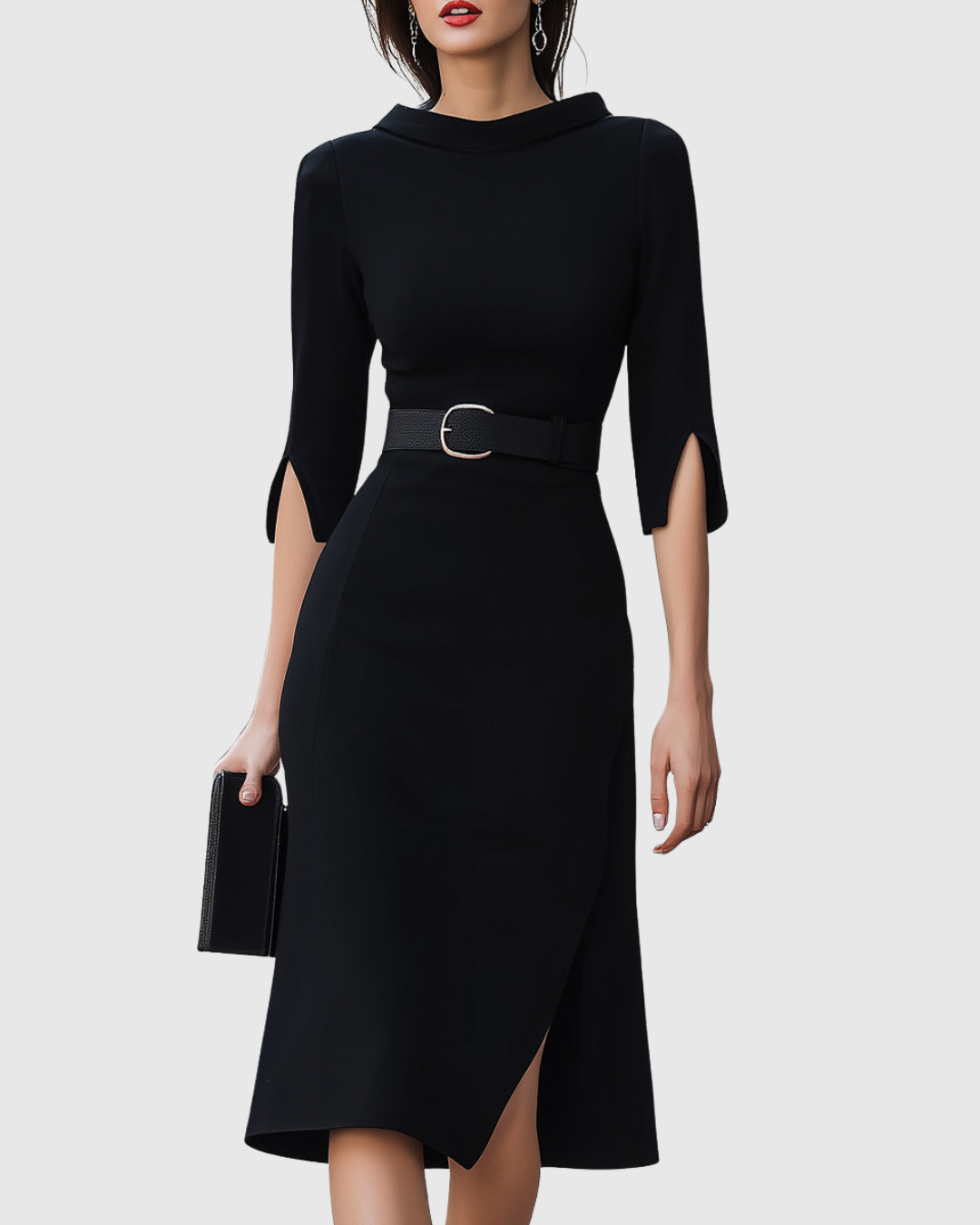 Ladies Classic Waist Belted Dress - VibreMode