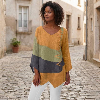Women’s Block V Neck Tunic Top Loose Fit Casual Blouse