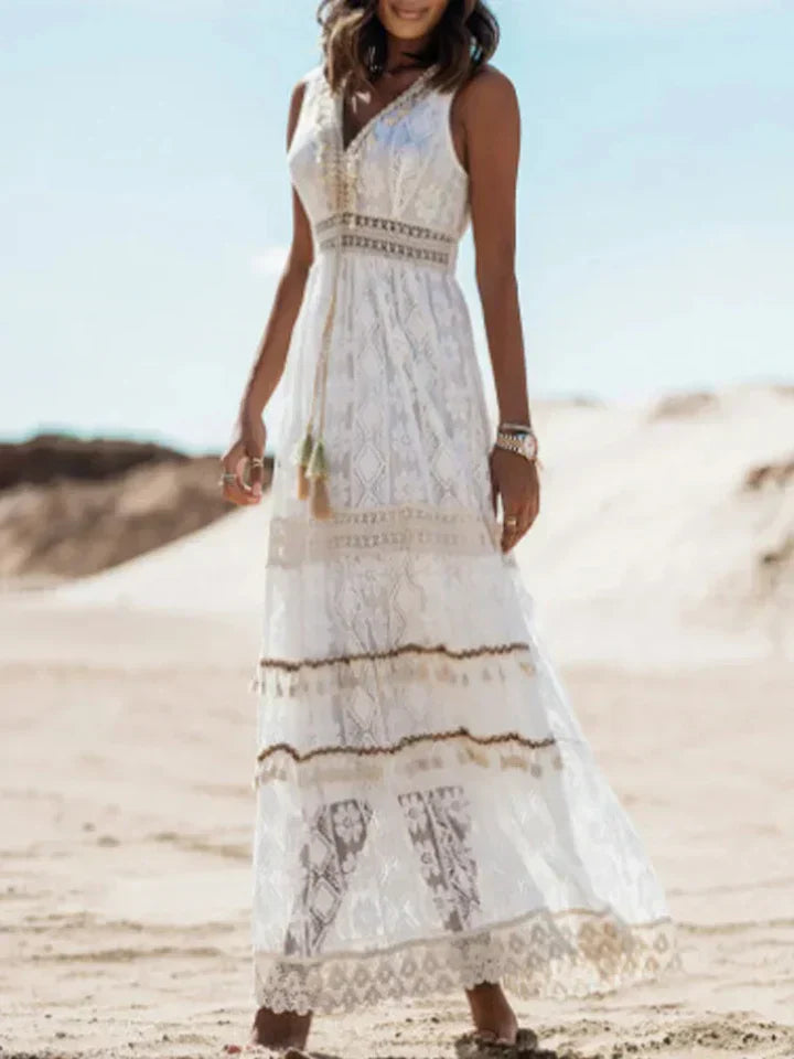 Women's Bohemian Maxi Dress Lace Trim Flared Sleeves