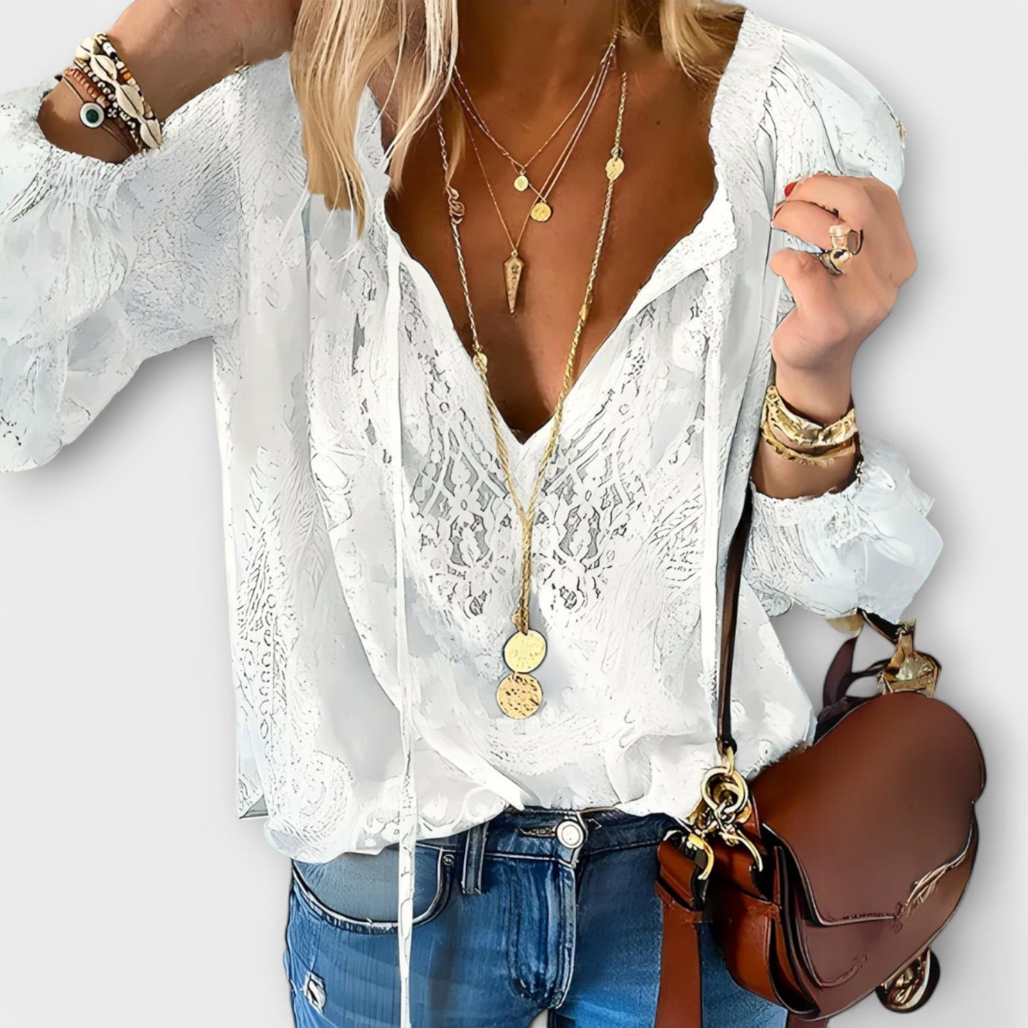 Women's Lace V-Neck Long Sleeve Boho Blouse - VibreMode