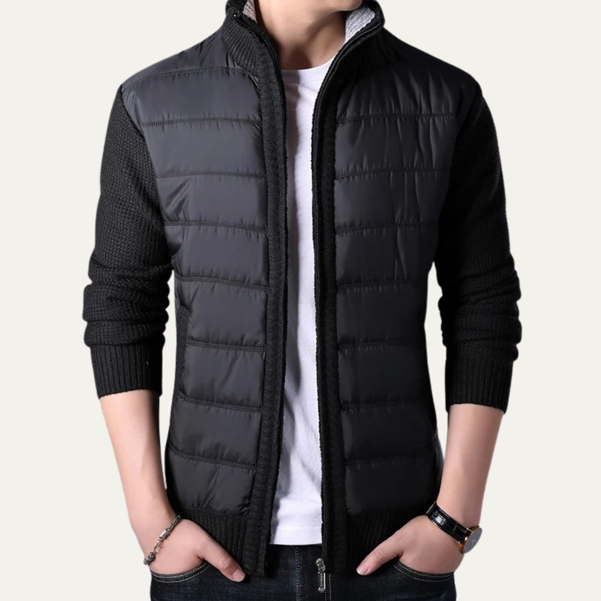 Men's Winter Puffer Jacket Knit Sleeve Zip Up
