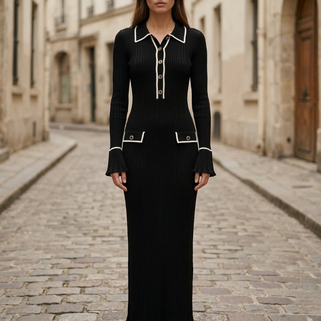 Women’s Ribbed Knit Maxi Dress Long Sleeve Button Front Bodycon