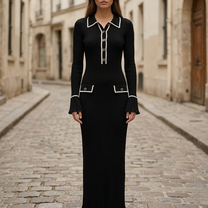 Women’s Ribbed Knit Maxi Dress Long Sleeve Button Front Bodycon