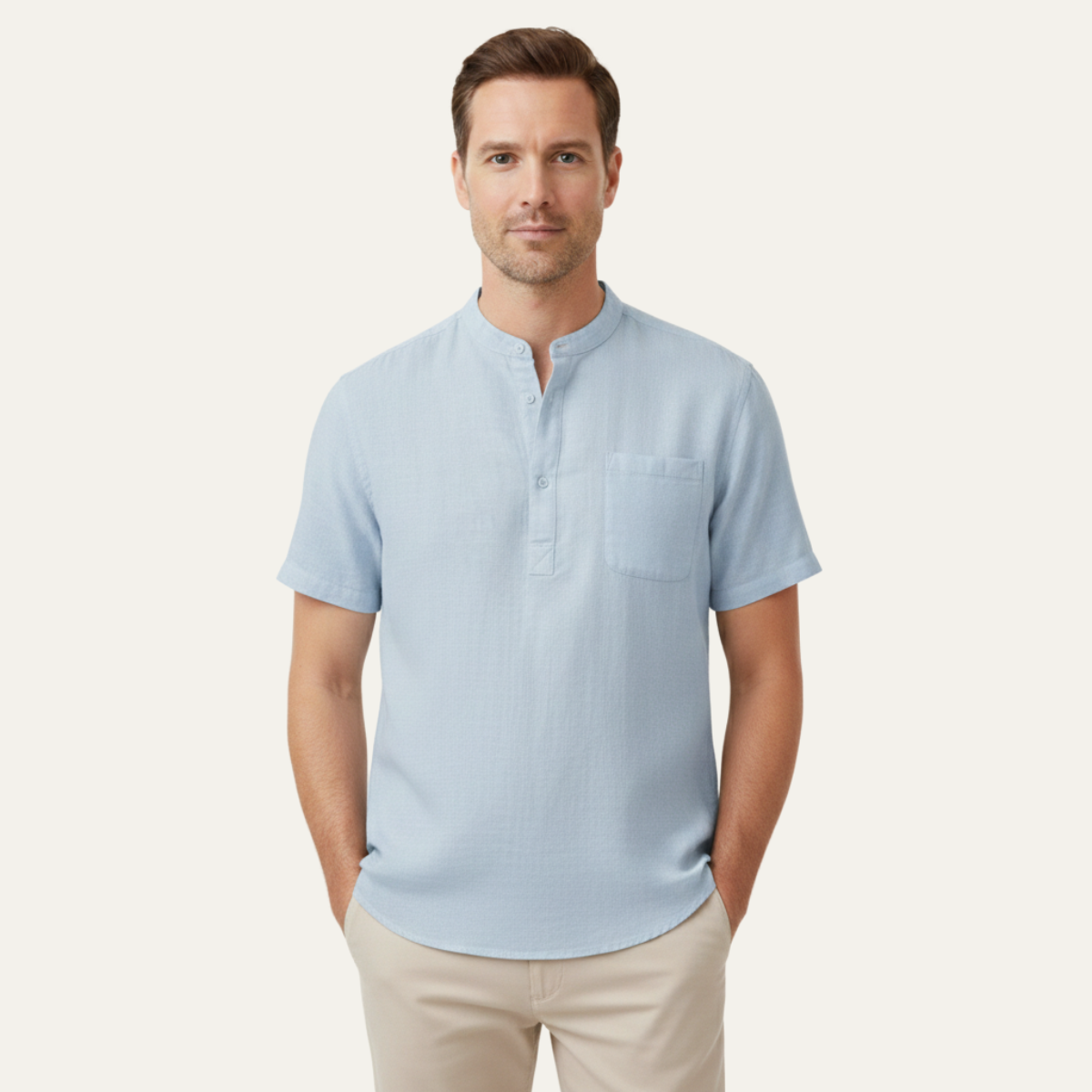 Men's Linen Henley Shirt Casual Light Beige
