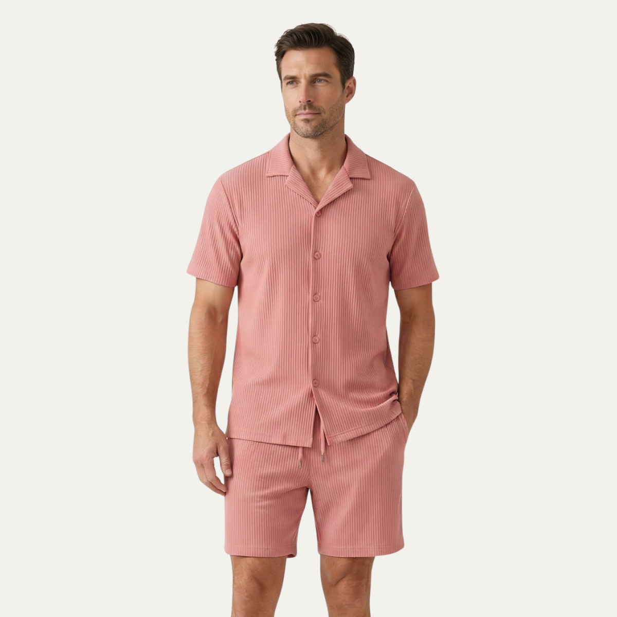 Men's Casual Summer Ribbed Shirt And Shorts Set