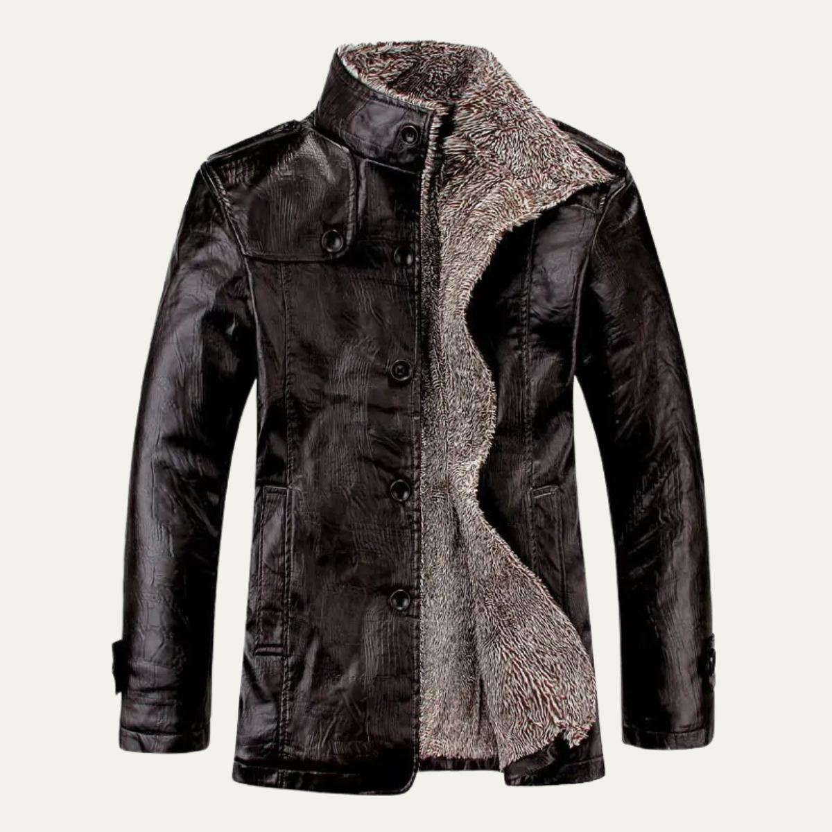Men's Leather Fleece Lined Jacket Warm Stand Collar