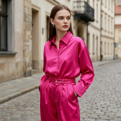 Women’s Satin Button Down Blouse Long Sleeve Silk Look Shirt