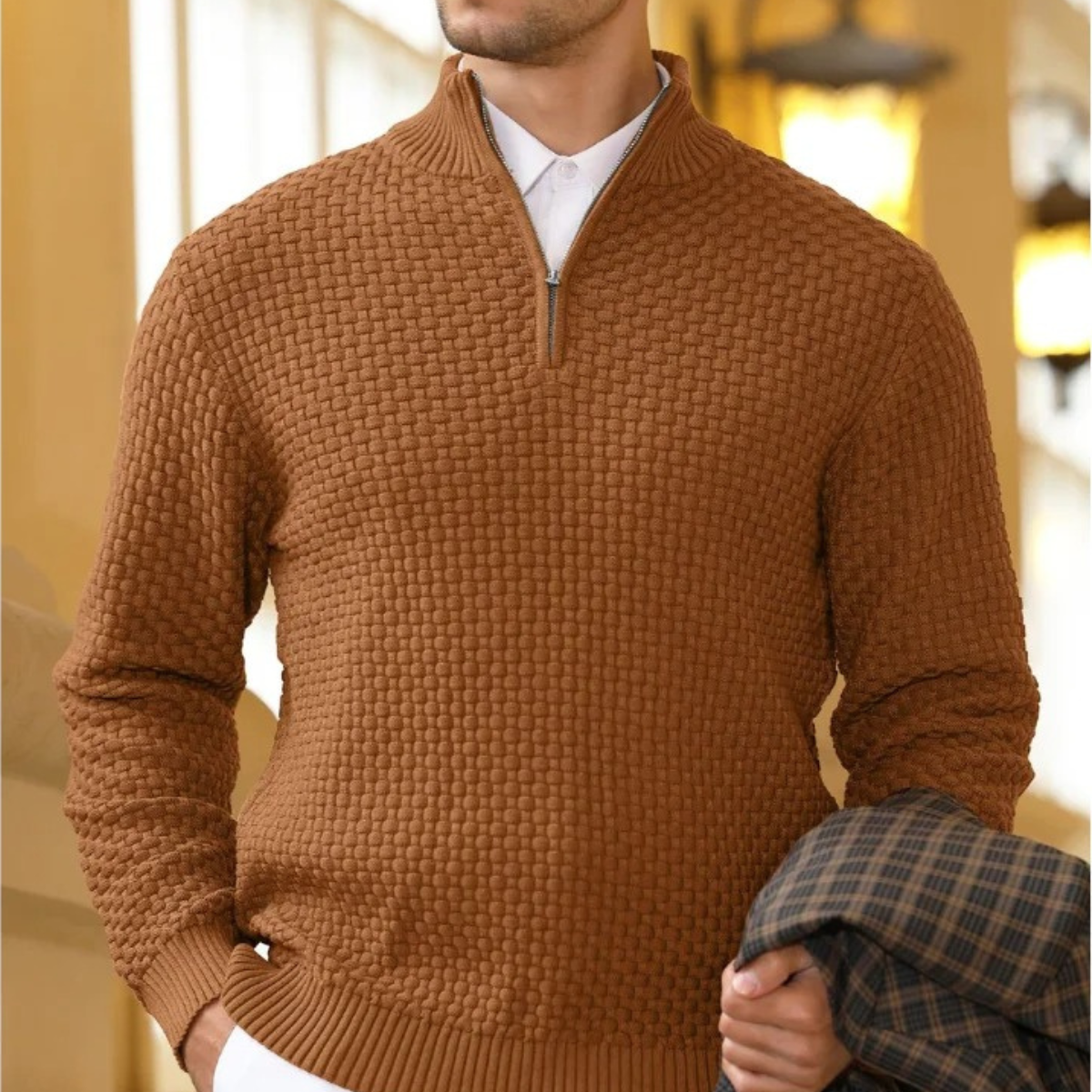 Men's Textured Knit Half Zip Jumper