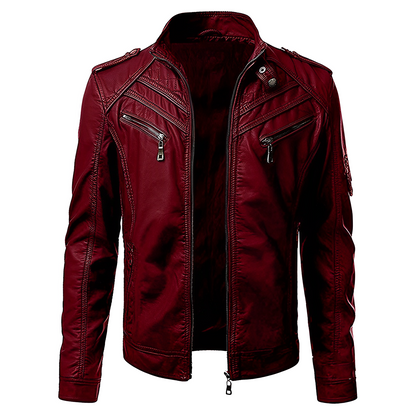 Men's Leather Jacket Slim Fit Zip Pockets Black