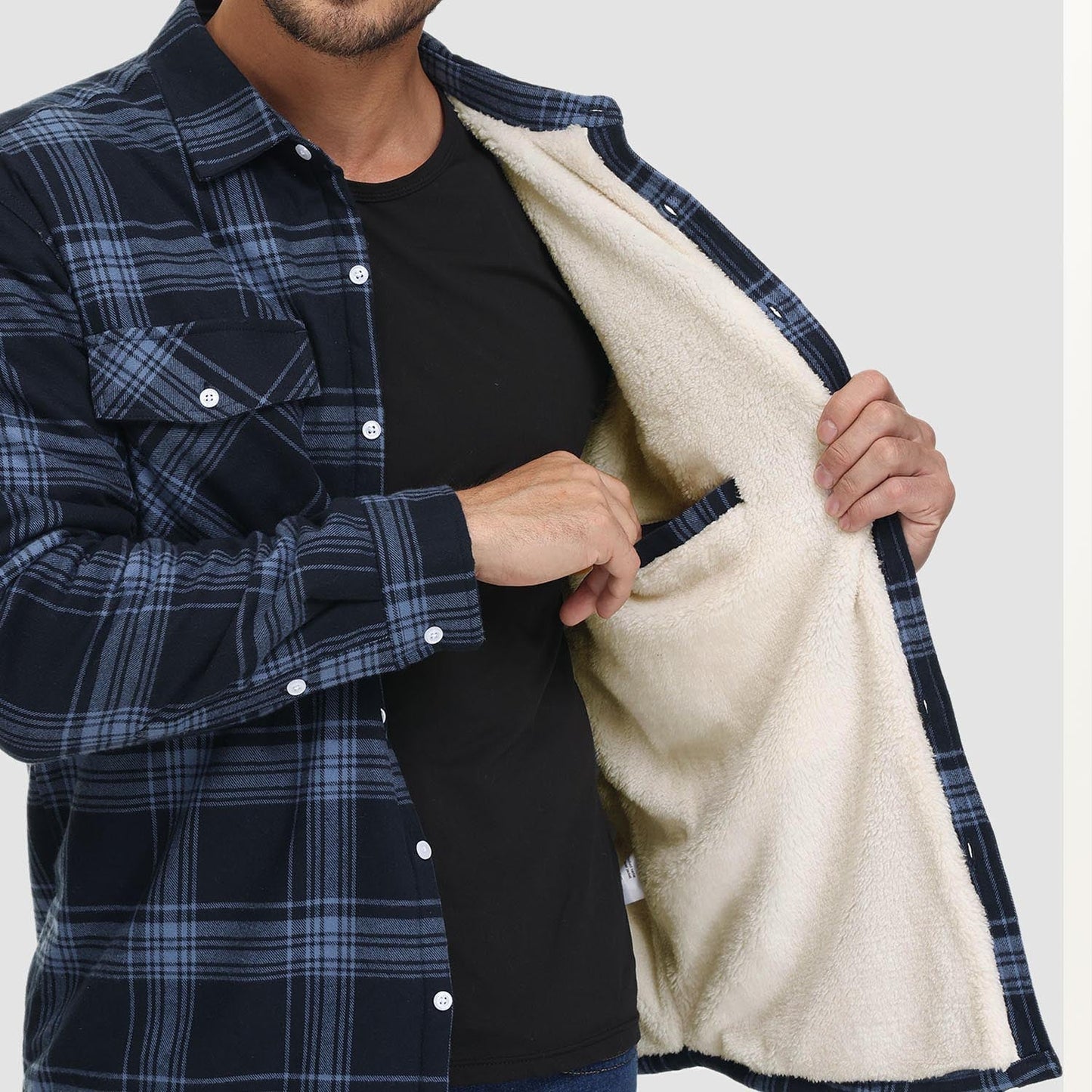 Men's Flannel Shirt Jacket Fleece Lined Cotton Warm Beige