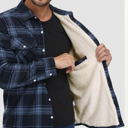 Men's Flannel Shirt Jacket Fleece Lined Cotton Warm Beige