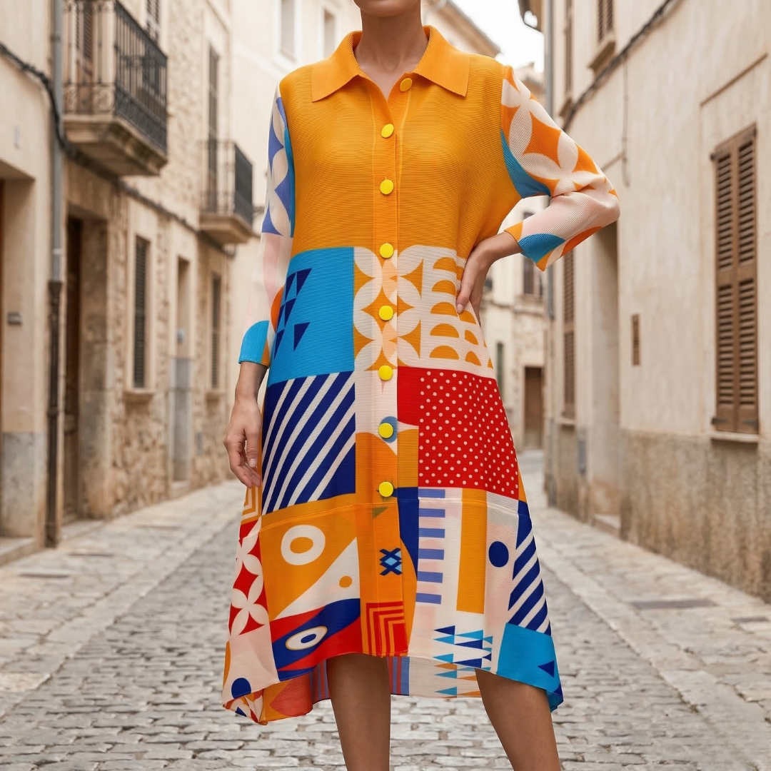 Women’s Retro Print Midi Dress Geometric Color Block Button Front Collared Dress