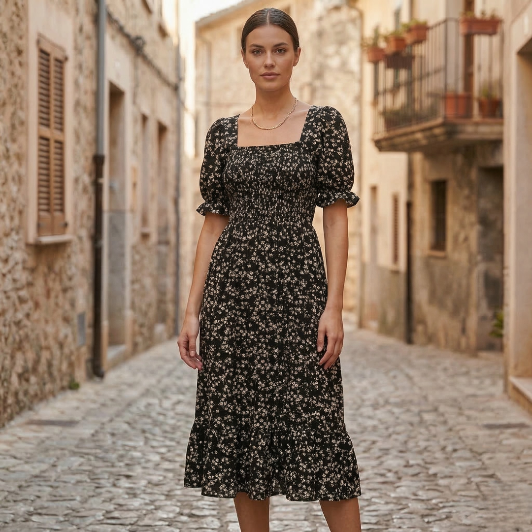 Women’s Midi Dress Puff Sleeve Square Neck Summer Dress