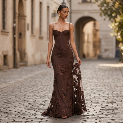 Women’s Mermaid Evening Gown Floral Applique Formal Dress