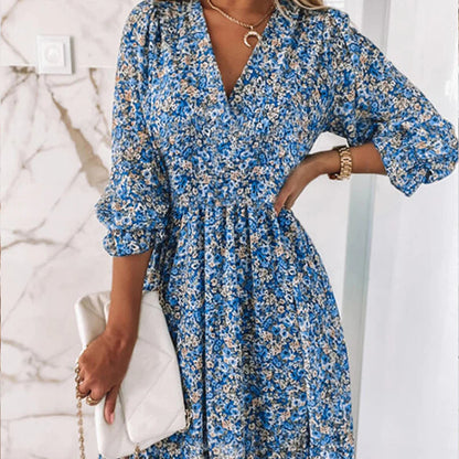 Women's Floral Mini Dress V-Neck Puff Sleeves