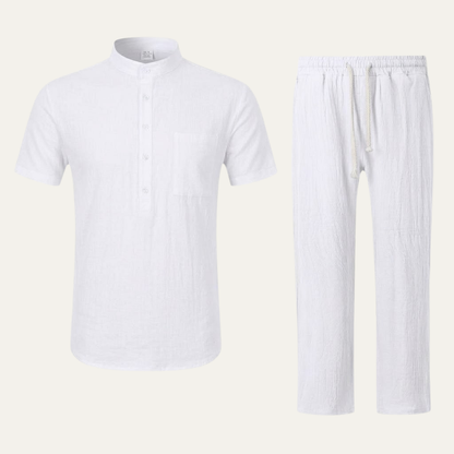 Mens Lightweight Cotton Linen Polo Shirt Pants Set