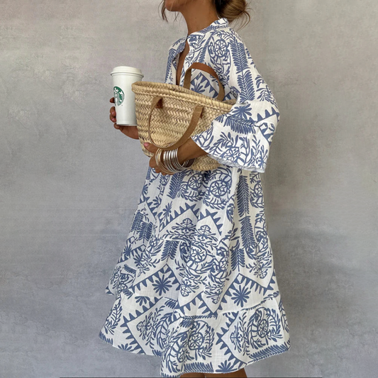 Floral Women's V-Neck Swing Dress with 3/4 Sleeves - VibreMode