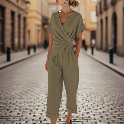 Women’s V Neck Jumpsuit Short Sleeve Wide Leg Romper