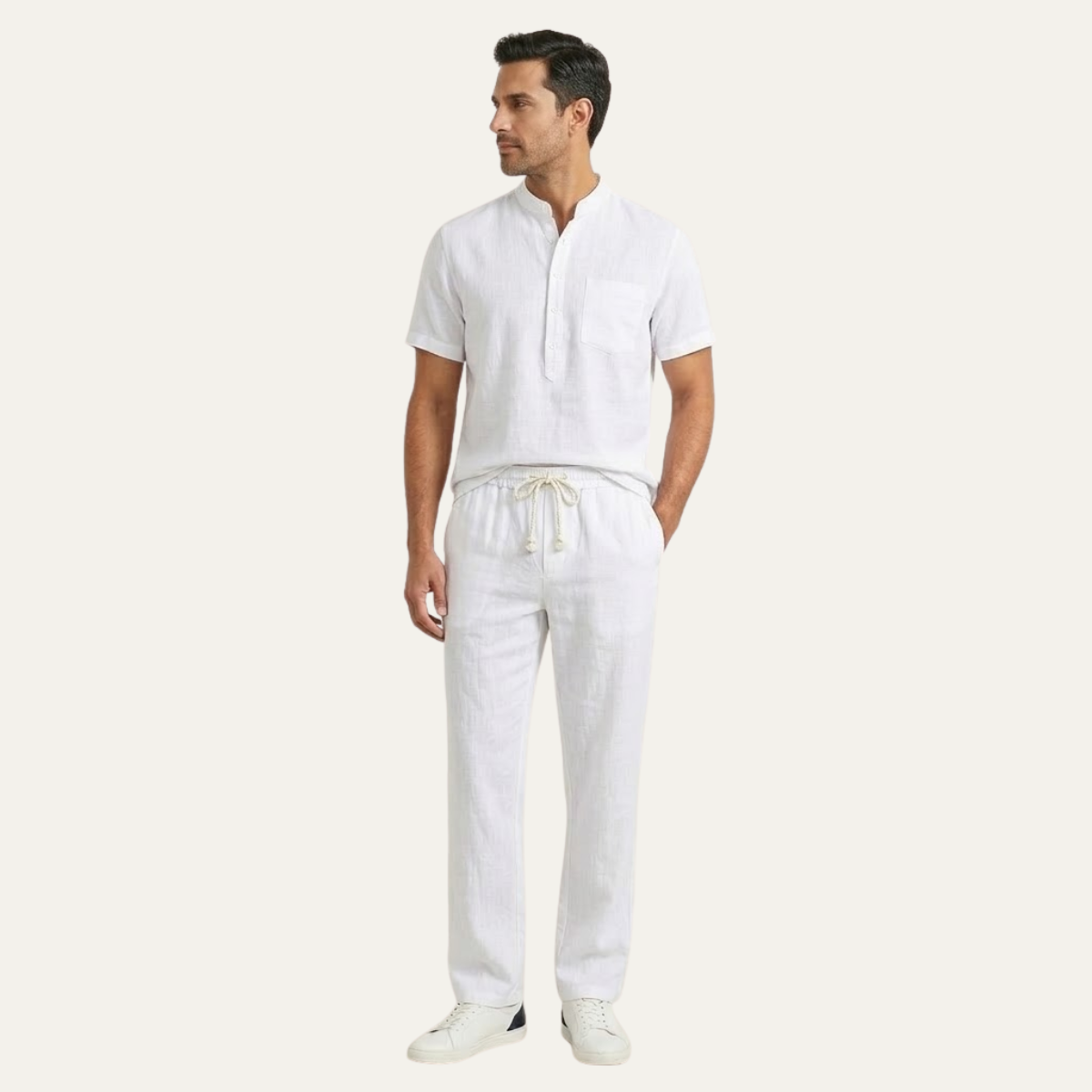 Mens Lightweight Cotton Linen Polo Shirt Pants Set