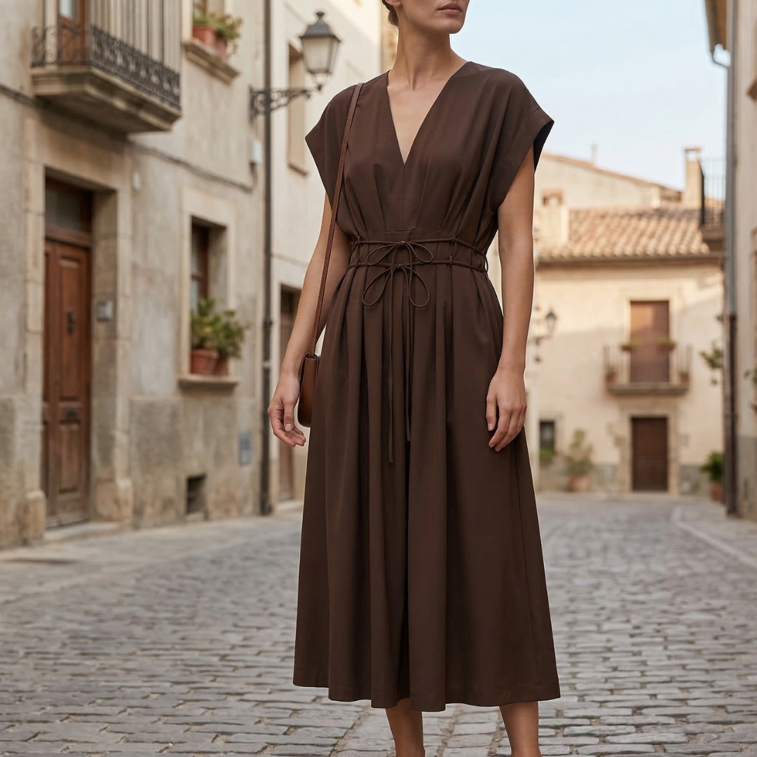Women’s Midi Dress Deep V Neck Flutter Sleeve Tie Waist A-Line Dress