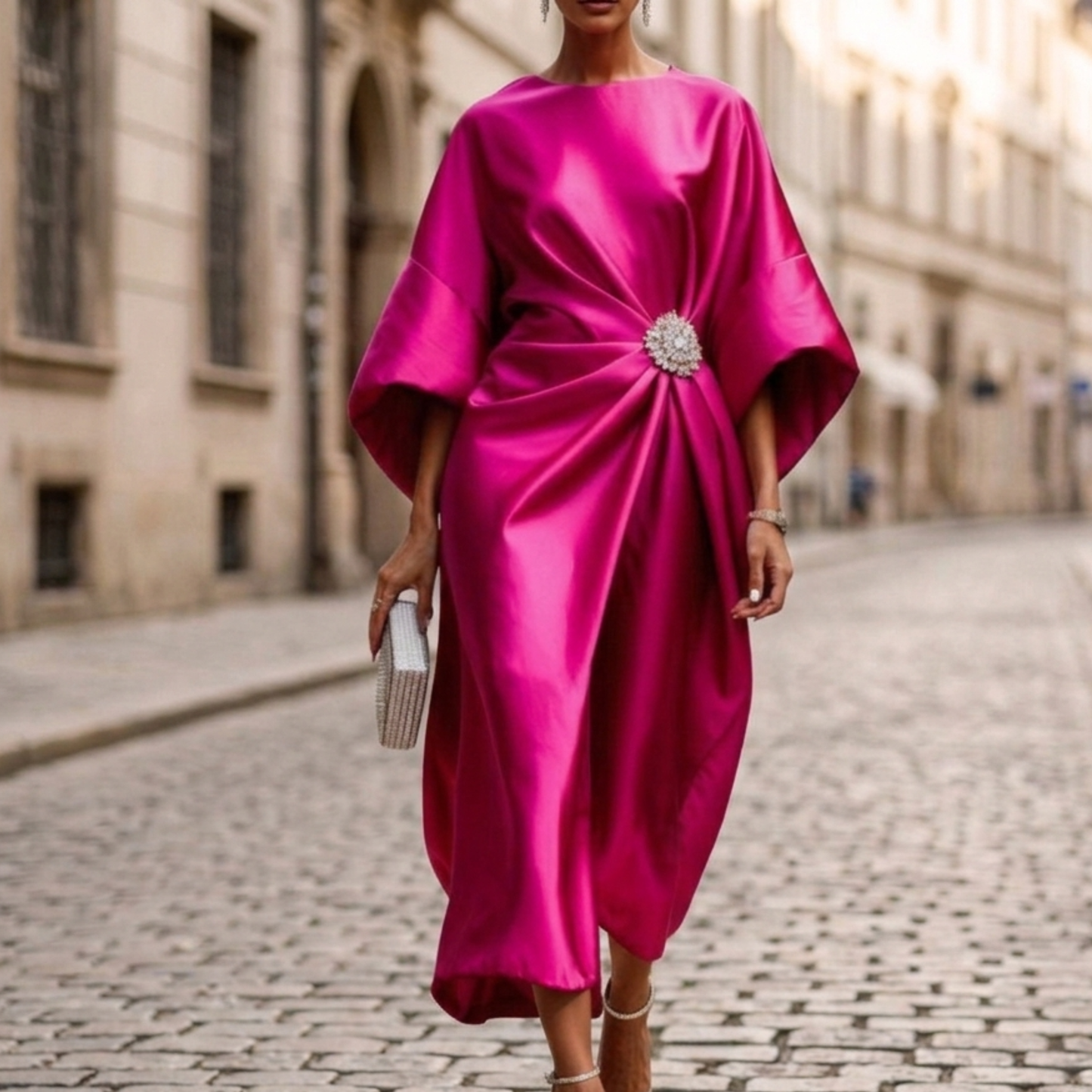 Evening Dress Women Satin Midi Cape Sleeve