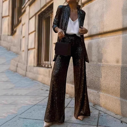 Women's Sequin Two-Piece Set High-Waisted Pants - VibreMode